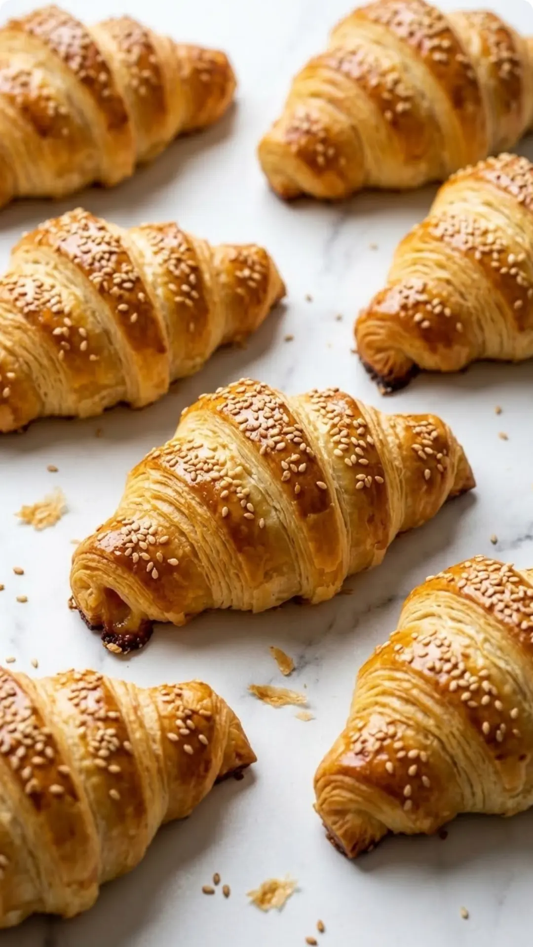 Schinken-Käse-Hörnchen frisch gebacken — Goldgelbe, krosse Blätterteighörnchen mit Sesam und Schinken-Käse-Füllung auf Marmor.