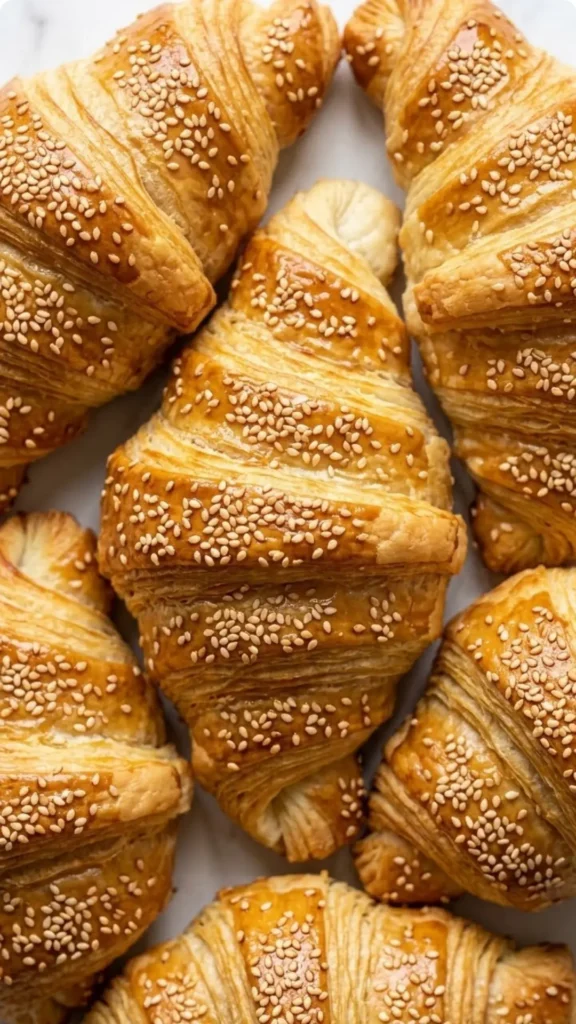 Nahaufnahme von Schinken-Käse-Hörnchen — Detailierte Sicht auf die blättrigen Schichten und die gerösteten Sesamsamen auf der Kruste.