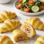 Schinken-Käse-Hörnchen serviert mit Salat — Ein aufgeschnittenes Blätterteighörnchen zeigt den geschmolzenen Käsekern.
