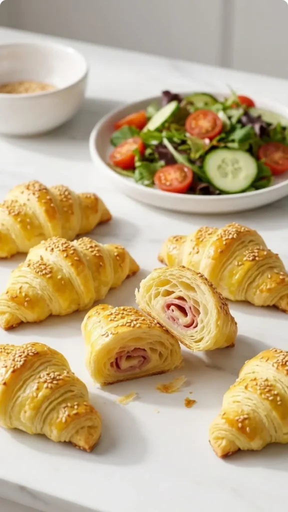 Schinken-Käse-Hörnchen serviert mit Salat — Ein aufgeschnittenes Blätterteighörnchen zeigt den geschmolzenen Käsekern.
