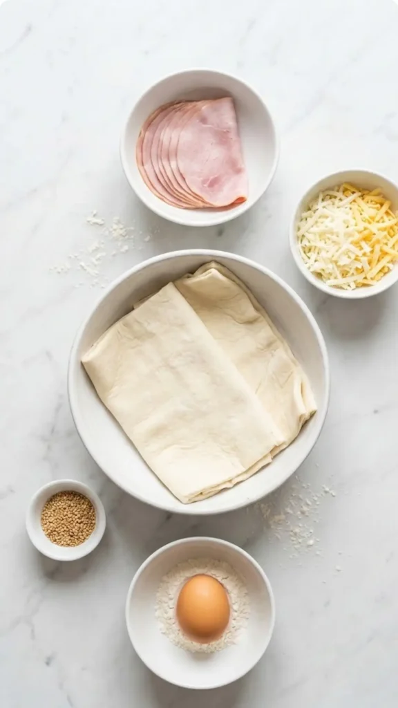 Zutaten für Schinken-Käse-Hörnchen: Eine Rolle Blätterteig, Kochschinken, Käsescheiben, ein Ei und Sesam auf weißem Marmor.