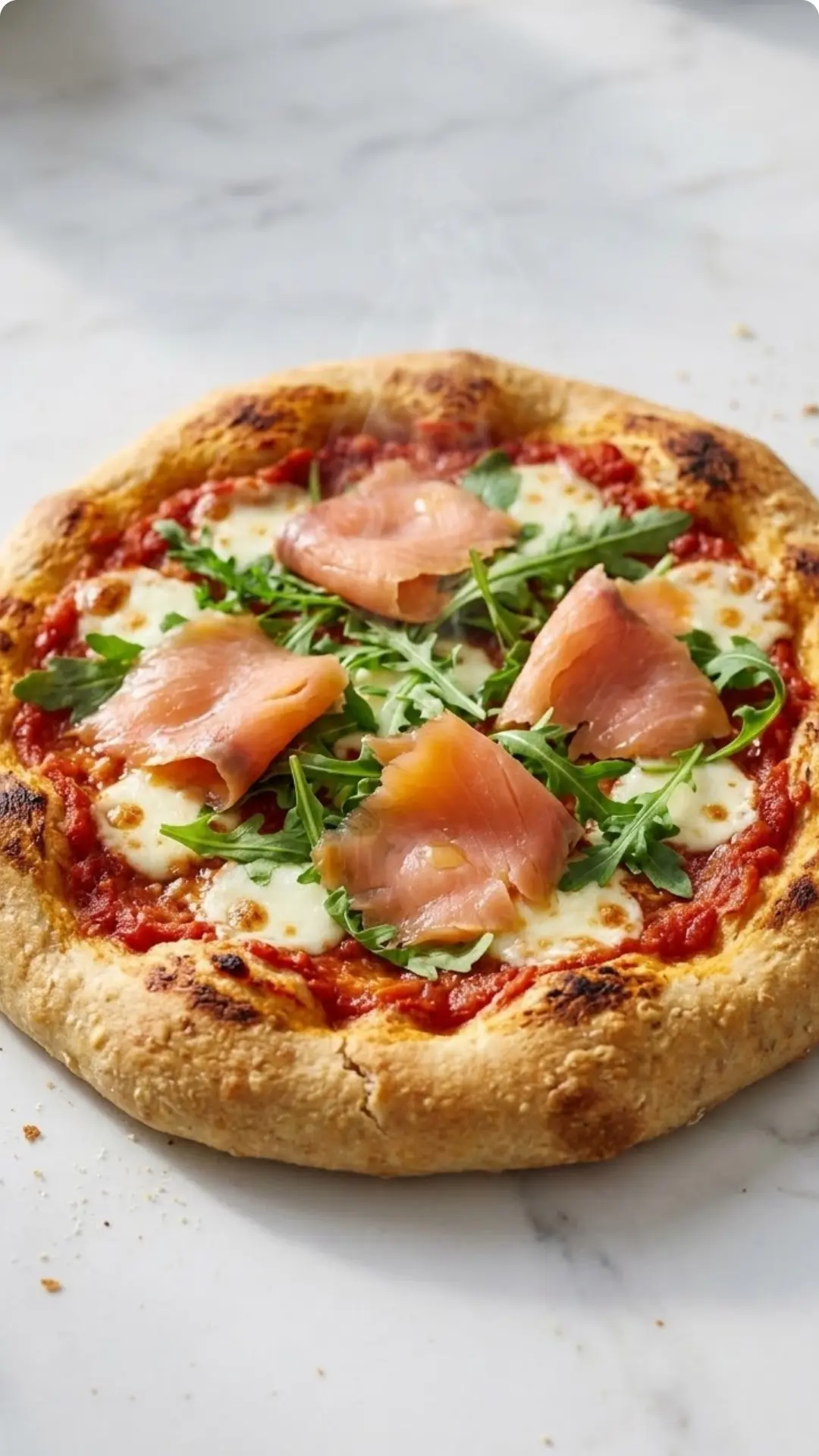 Haferflocken-Joghurt-Fladen frisch gebacken — knuspriges Pfannen-Fladenbrot reich belegt mit Tomatensauce, Mozzarella und Rucola.