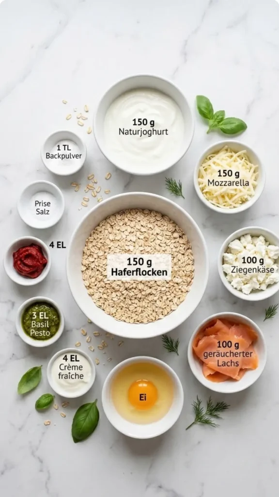 Zutaten für Haferflocken-Joghurt-Fladen: Haferflocken, Naturjoghurt, Ei, geriebener Mozzarella und Lachs in weißen Schalen.