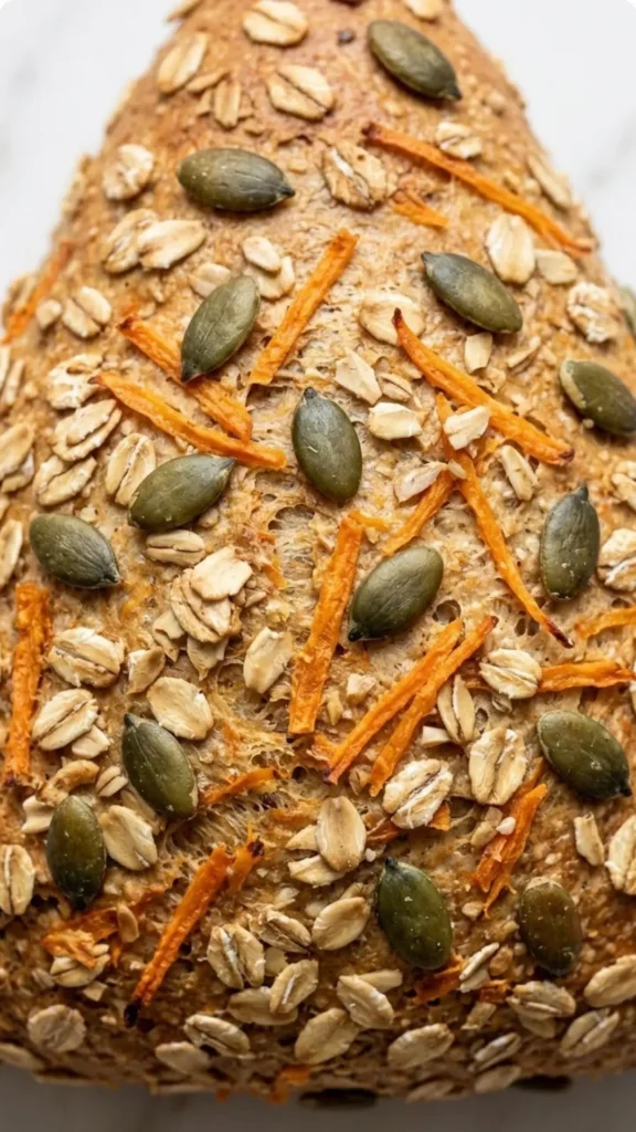 Nahaufnahme von Karotten-Brötchen — Detailansicht der Oberfläche mit gebackenen Karottenraspeln und Haferflocken.