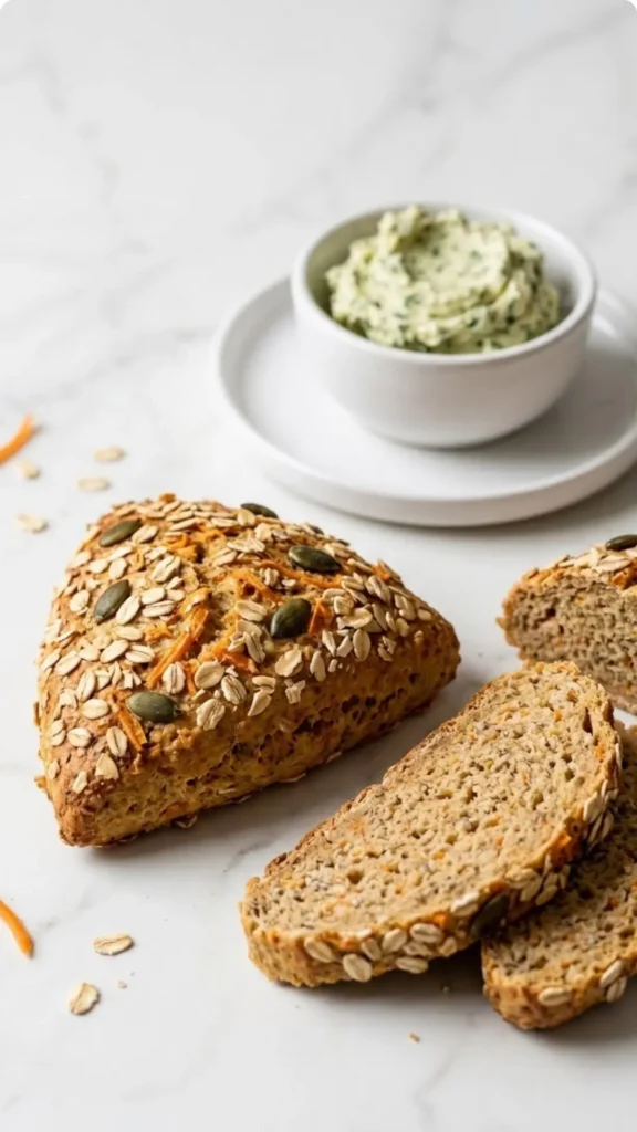 Karotten-Brötchen serviert mit Kräuterbutter — aufgeschnittenes Brötchen zeigt die saftige Krume mit Kernen.