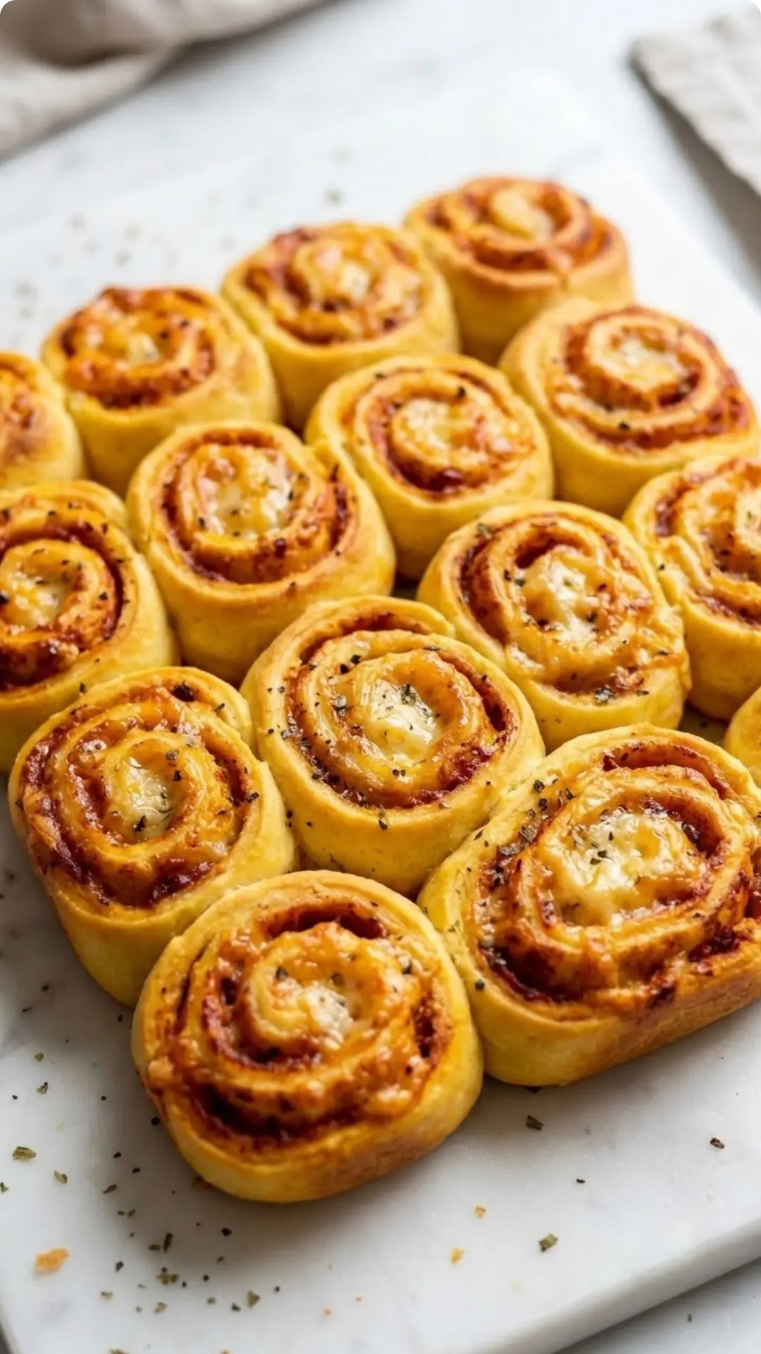 Pizzaschnecken frisch gebacken — Goldgelbe, krosse Teigschnecken mit geschmolzenem Käse und Oregano auf weißem Marmor.