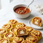 Pizzaschnecken serviert mit Tomatensoße — Eine aufgeschnittene Teigrolle zeigt die saftigen Frischkäseschichten im Kern.