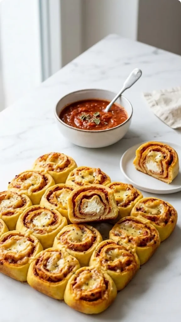 Pizzaschnecken serviert mit Tomatensoße — Eine aufgeschnittene Teigrolle zeigt die saftigen Frischkäseschichten im Kern.