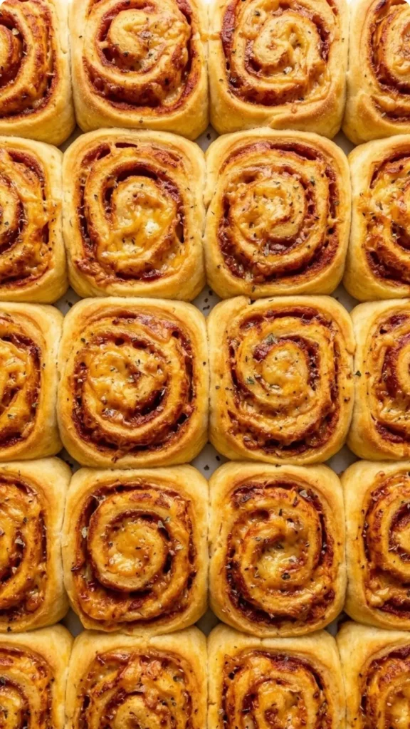Nahaufnahme von Pizzaschnecken — Detailierte Sicht auf den blubbernden geschmolzenen Gouda und die roten Tomatenmark-Spiralen.