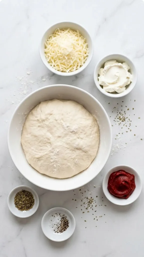 Zutaten für schnelle Pizzaschnecken: Pizzateig, geriebener Käse, Frischkäse, Tomatenmark, Oregano, Salz und Pfeffer auf weißem Marmor.