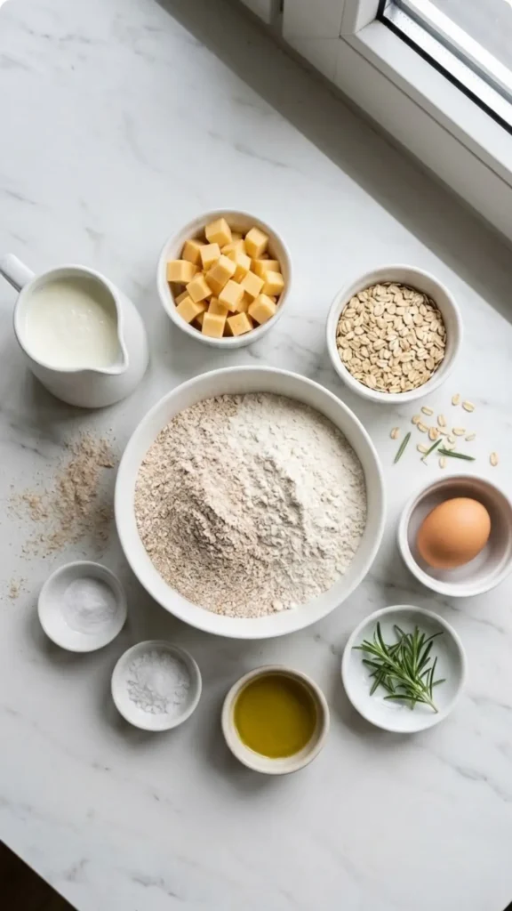 Zutaten für schnelles Airfryer-Brot: Vollkornmehl, Buttermilch, Cheddar-Käse, Haferflocken, Ei, frischer Rosmarin und Natron.