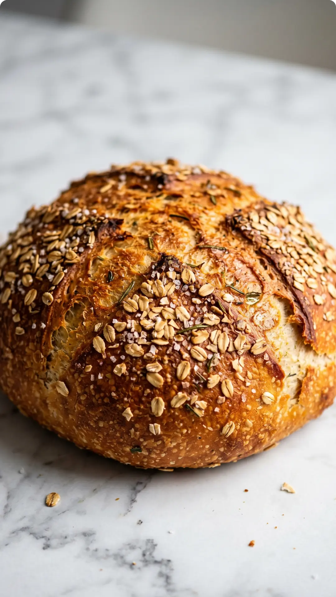 Schnelles Airfryer-Brot ohne Hefe frisch gebacken — Goldbraunes, knuspriges Käsebrot mit Haferflocken und Rosmarin auf Marmor.