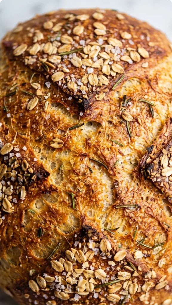 Nahaufnahme von Airfryer-Brot — Detailierte Sicht auf die Kruste mit gerösteten Haferflocken, Meersalz und Rosmarinnadeln.
