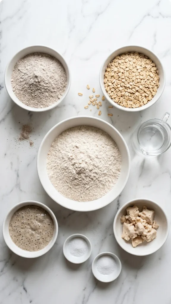 Zutaten für Flockenbrot mit Sauerteig: Roggenmehl, Weizenvollkornmehl, Haferflocken, Roggensauerteig-Anstellgut, frische Hefe, lauwarmes Wasser und Salz.