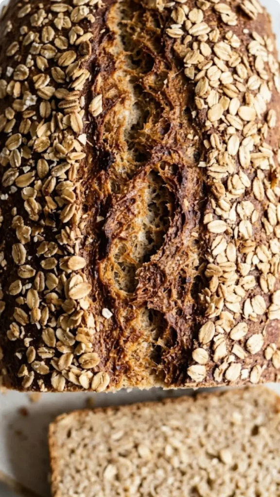 Nahaufnahme von Flockenbrot mit Sauerteig — Detailansicht der tiefen Backspalten und der goldbraun gerösteten Haferflocken.