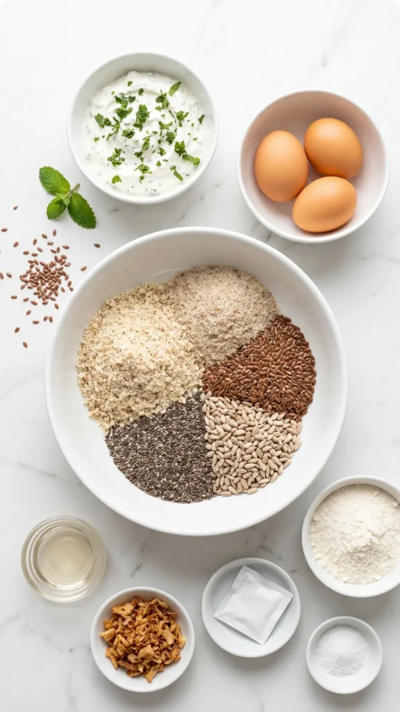 Zutaten für Low-Carb-Brot aus dem Airfryer: Kräuterquark, Eier, gemahlene Mandeln, Flohsamenschalen, Leinsamen, Chiasamen, Sonnenblumenkerne und Röstzwiebeln.