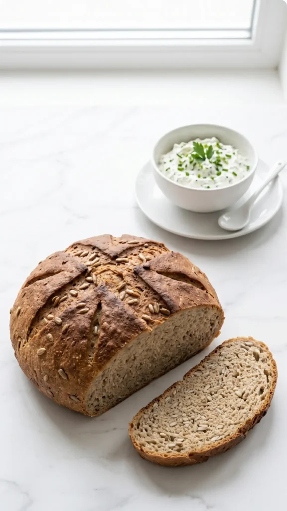 Low-Carb-Brot aus dem Airfryer serviert mit frischer Kräuterquark — Eine abgeschnittene, saftige Scheibe Saatenbrot liegt einladend neben Quark.