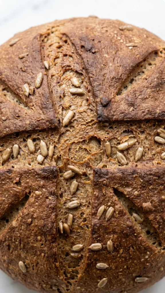 Nahaufnahme von Low-Carb-Brot aus dem Airfryer — Detailansicht der krossen Krustentextur mit gebackenen Sonnenblumenkernen.