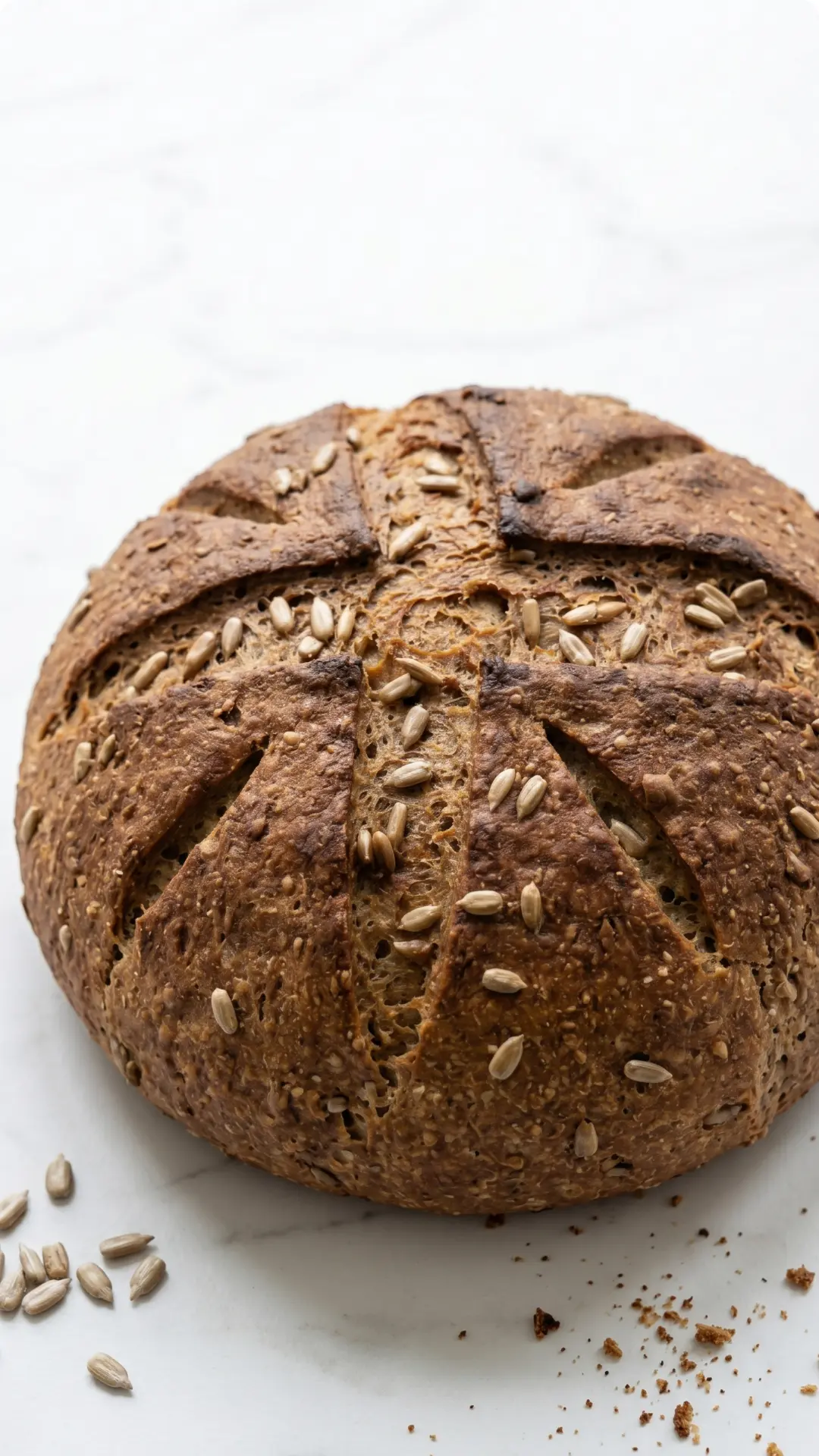 Low-Carb-Brot aus der Heißluftfritteuse frisch gebacken — Ein runder, dunkler Saaten-Brotlaib mit tiefen Krustenrissen auf weißem Marmor.