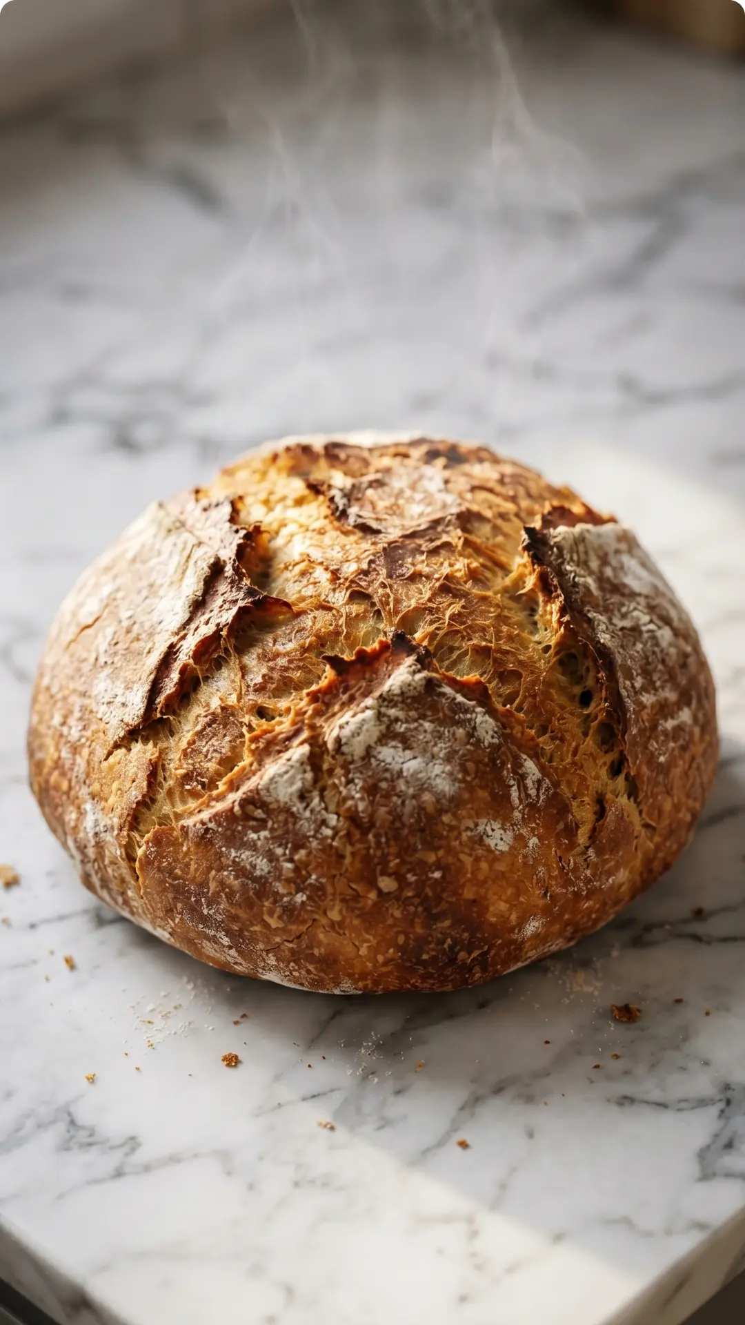 Ratz-Fatz-Brot frisch gebacken — Knuspriges, rundes Blitzbrot mit einer bemehlten, kross aufgerissenen Kruste auf Marmor.