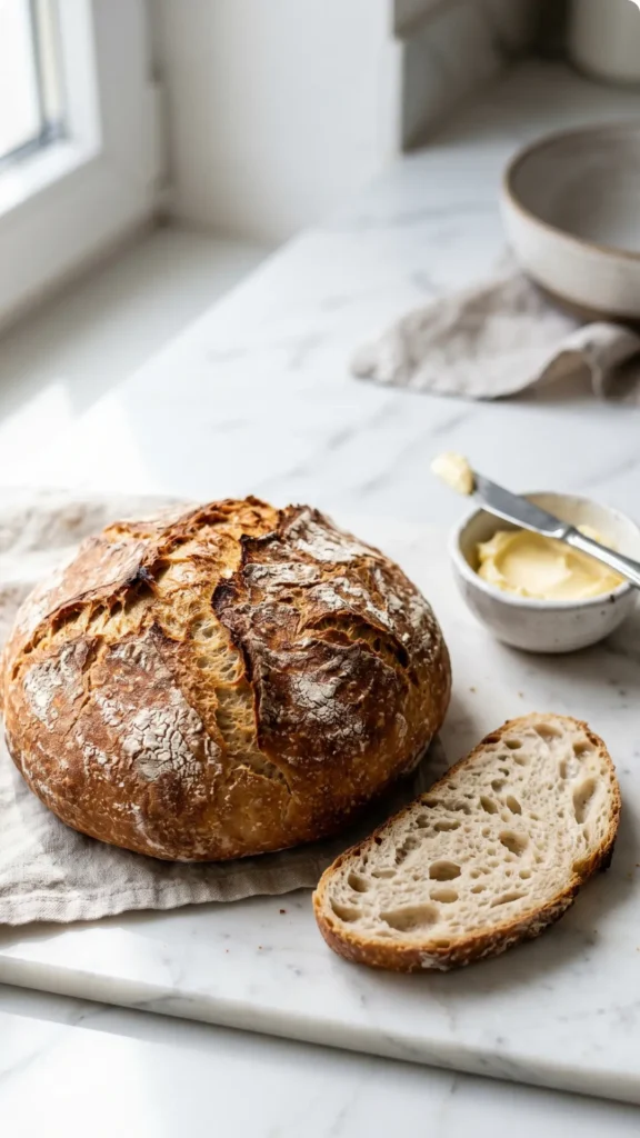 Ratz-Fatz-Brot serviert mit Butter — Ein abgeschnittener Keil des warmen Brotes zeigt die fluffige, weiche Krume.