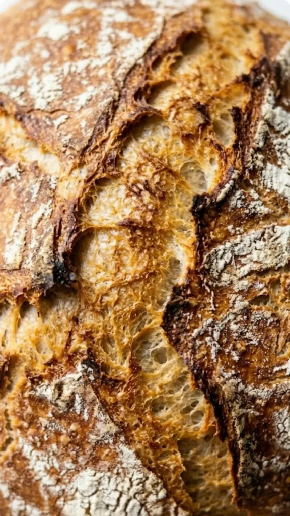Nahaufnahme von Ratz-Fatz-Brot — Detailierte Ansicht der wild aufgerissenen, krossen Kruste mit feinen Mehlspuren.
