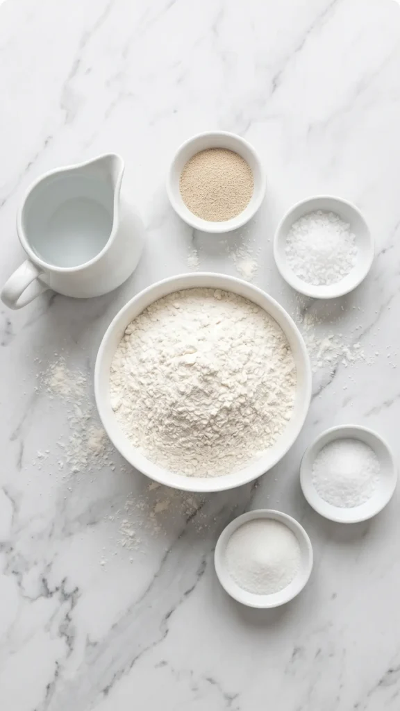 Zutaten für Ratz-Fatz-Brot: Frisches Mehl, Trockenhefe, Salz, Zucker und lauwarmes Wasser ordentlich auf weißem Marmor platziert.