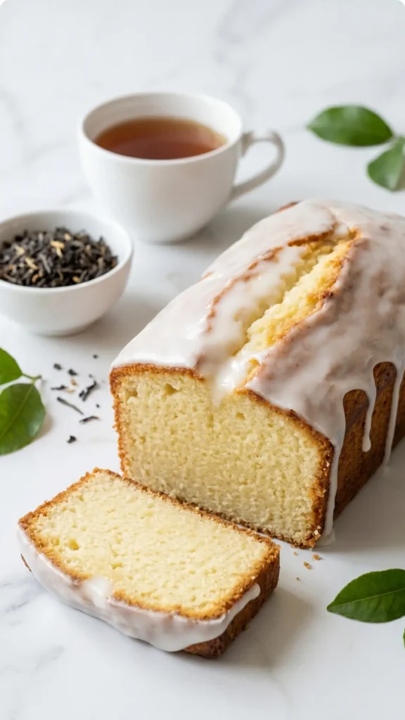 Zitronen-Joghurt-Kastenkuchen serviert mit Earl Grey Tee — Eine abgeschnittene Kuchenscheibe zeigt die saftige Krume.
