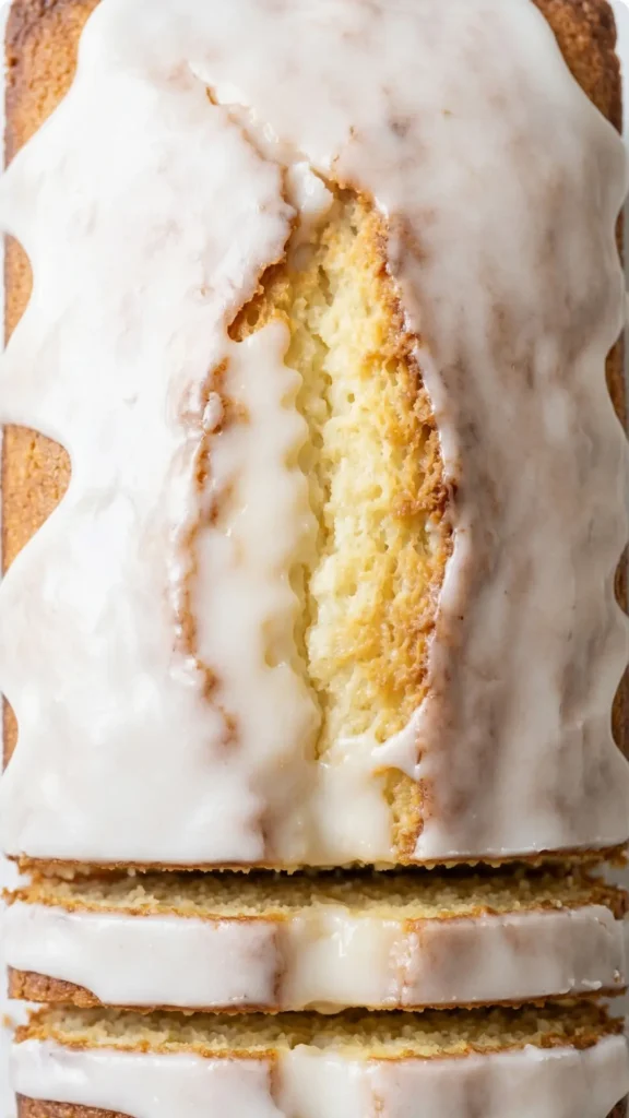 Nahaufnahme von Zitronen-Joghurt-Kastenkuchen — Detailansicht der knackigen, weißen Zuckerguss-Oberfläche.