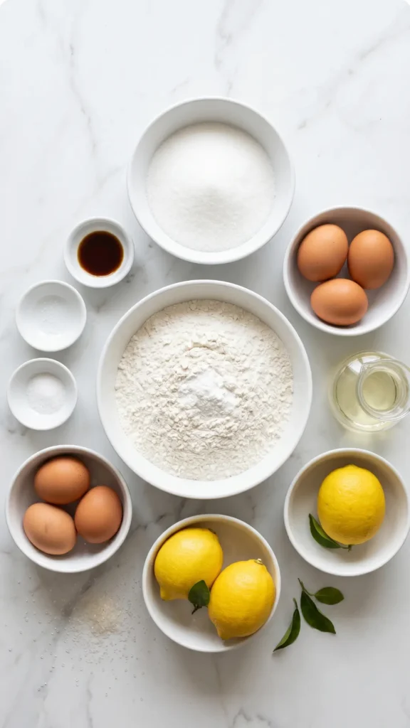 Zutaten für Zitronen-Joghurt-Kastenkuchen: Weizenmehl, feiner Kristallzucker, Naturjoghurt und frische Zitronen.