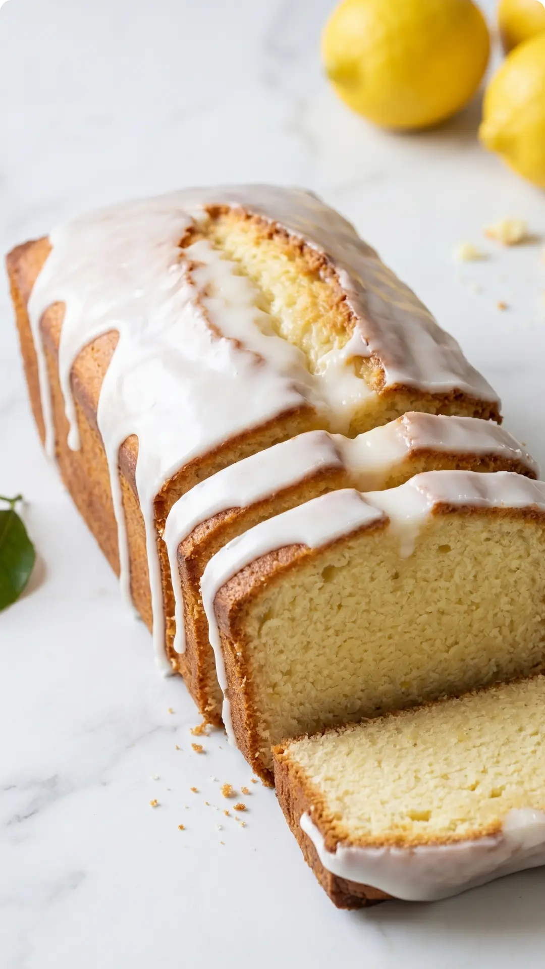 Zitronen-Joghurt-Kastenkuchen frisch gebacken — Rechteckige Form mit feiner, weiß glänzender Zitronenglasur.