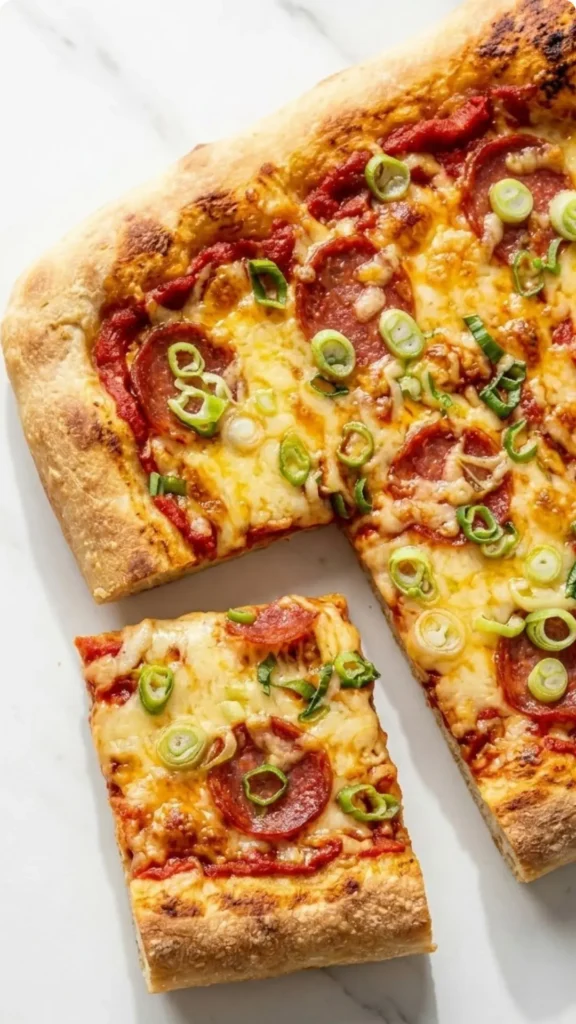 Nahaufnahme von Zweierlei Blechpizza — Detailansicht der knusprigen Käsekruste mit würzigen Chorizoscheiben und Kräutern.
