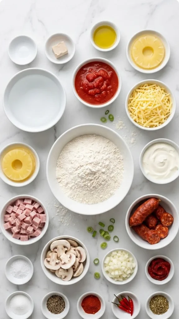 Zutaten für Zweierlei Blechpizza: Weizenmehl, stückige Tomaten, Gouda, Schmand und Chorizo in weißen Schalen.
