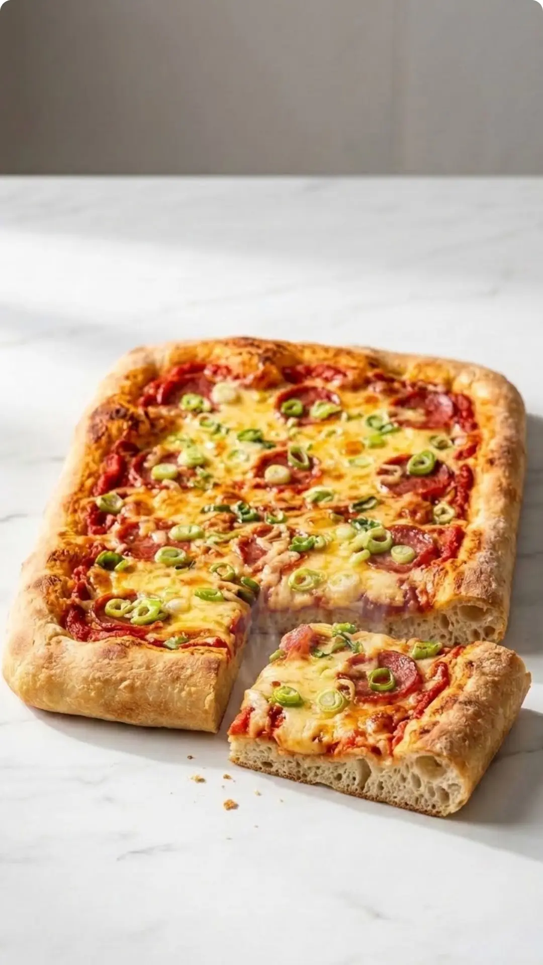 Zutaten für Zweierlei Blechpizza frisch gebacken — großes Pizzablech mit einer scharfen Chorizo- und einer fruchtigen Schinkenseite.