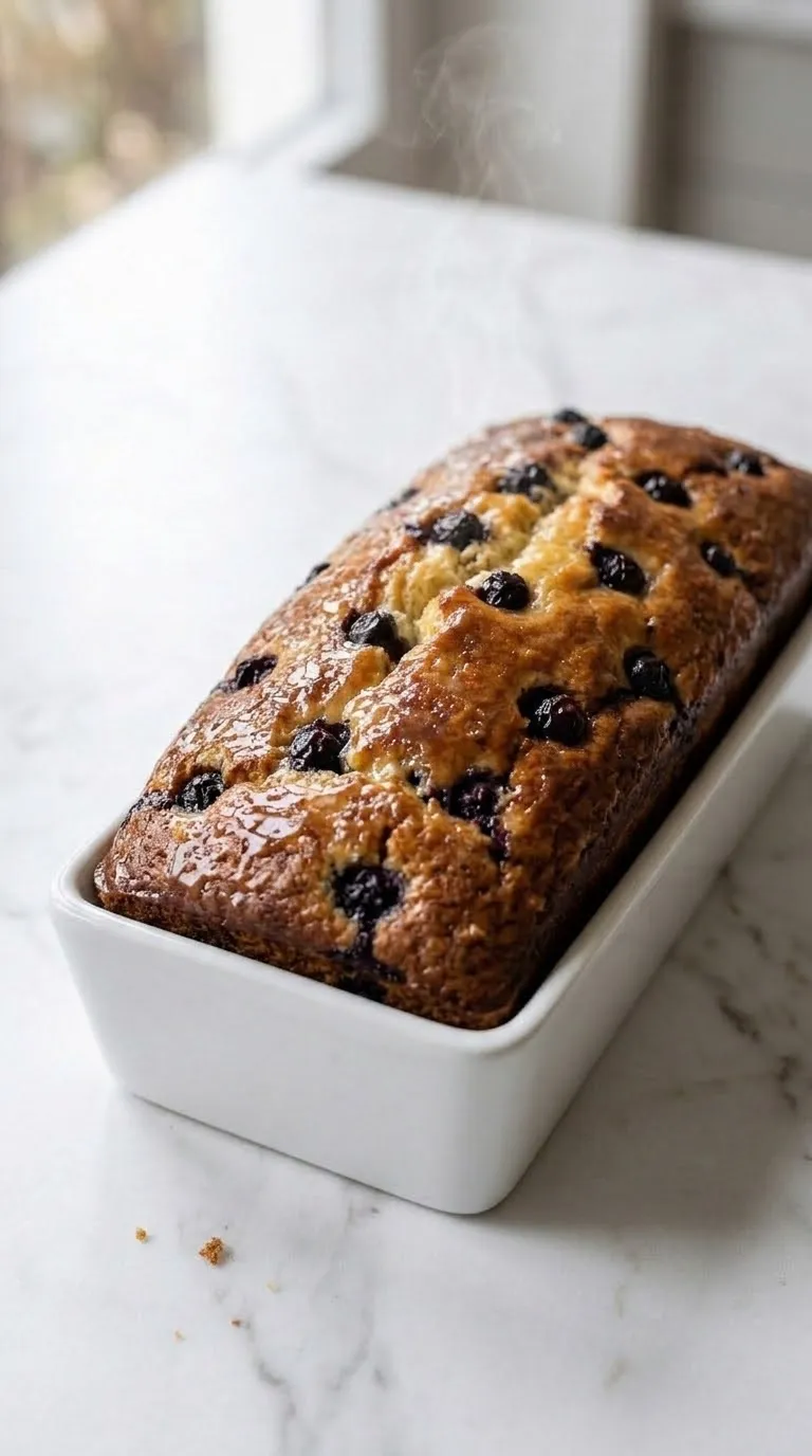 Zitronen-Blaubeer-Brot frisch gebacken — glänzende sirupgetränkte Kruste mit dunklen Heidelbeeren an der Oberfläche.