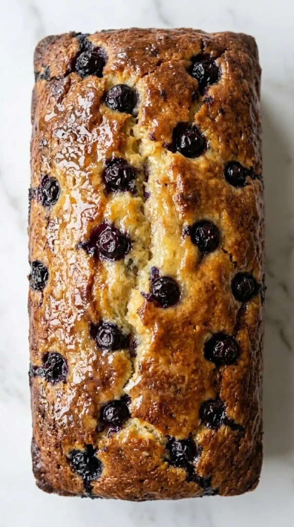 Nahaufnahme von Zitronen-Blaubeer-Brot — klebrig glänzende Kruste mit tiefen Rissen und aufplatzenden fruchtigen Beeren.
