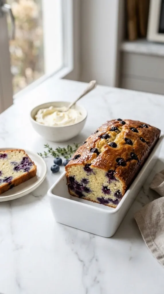 Zitronen-Blaubeer-Brot serviert mit Mascarpone-Creme — saftig angeschnittene Scheibe auf elegantem weißem Marmor.