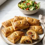 Blätterteigtaschen serviert mit Salat — Eine aufgeschnittene Gemüsetasche zeigt die saftige Paprika-Zucchini-Füllung.