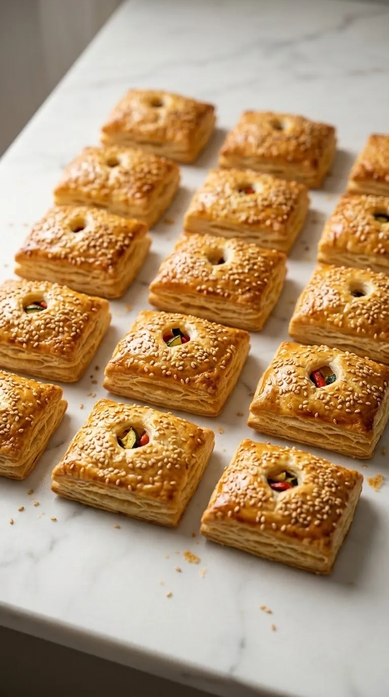 Blätterteigtaschen mit mediterranem Gemüse frisch gebacken — Goldbraune, krosse vegane Teigtaschen mit Sesam auf Marmor.