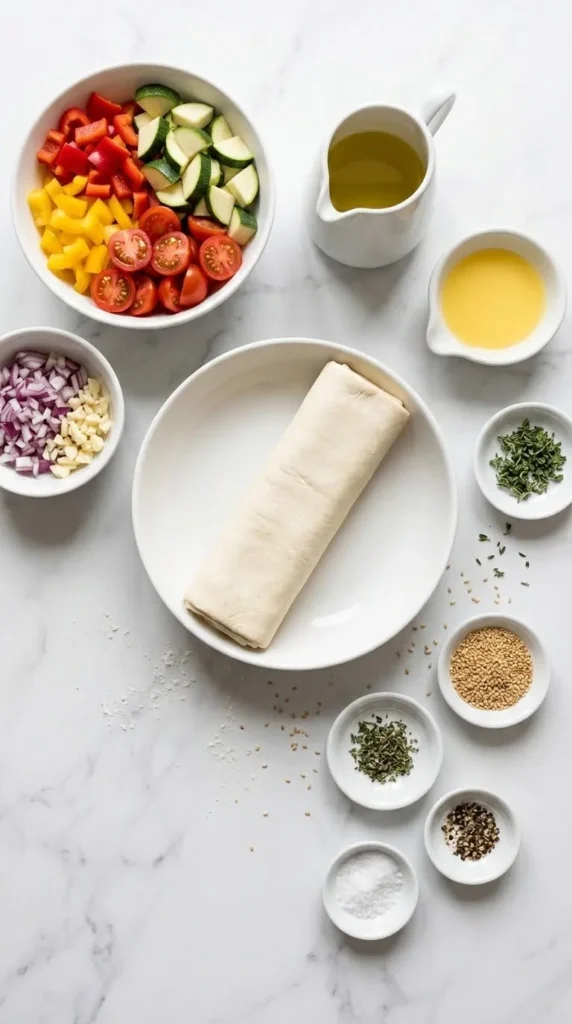 Zutaten für mediterrane Blätterteigtaschen: Blätterteig, Paprika, Zucchini, Tomaten, Zwiebel, Knoblauch, Kräuter und Sesam auf weißem Marmor.