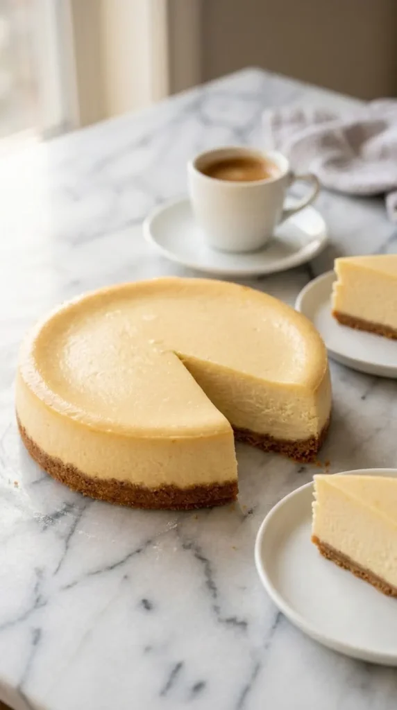 New York Cheesecake serviert mit Espresso — ein abgeschnittenes Kuchenstück zeigt das cremige Innere.
