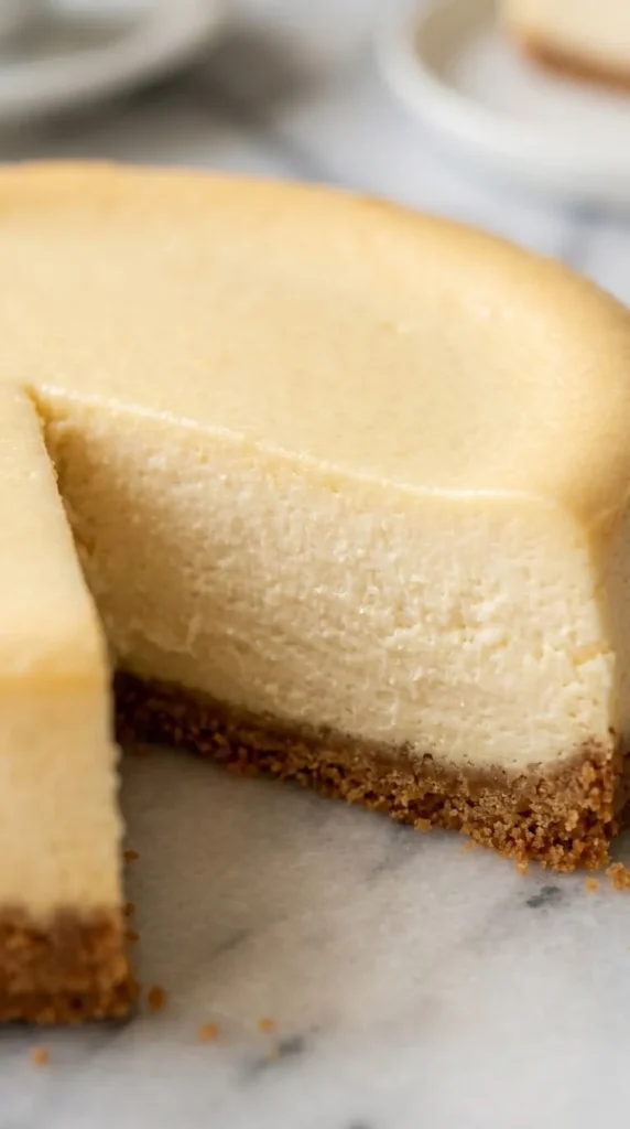 Nahaufnahme von New York Cheesecake — samtige, feine Textur der perfekt gebackenen Frischkäse-Oberfläche.
