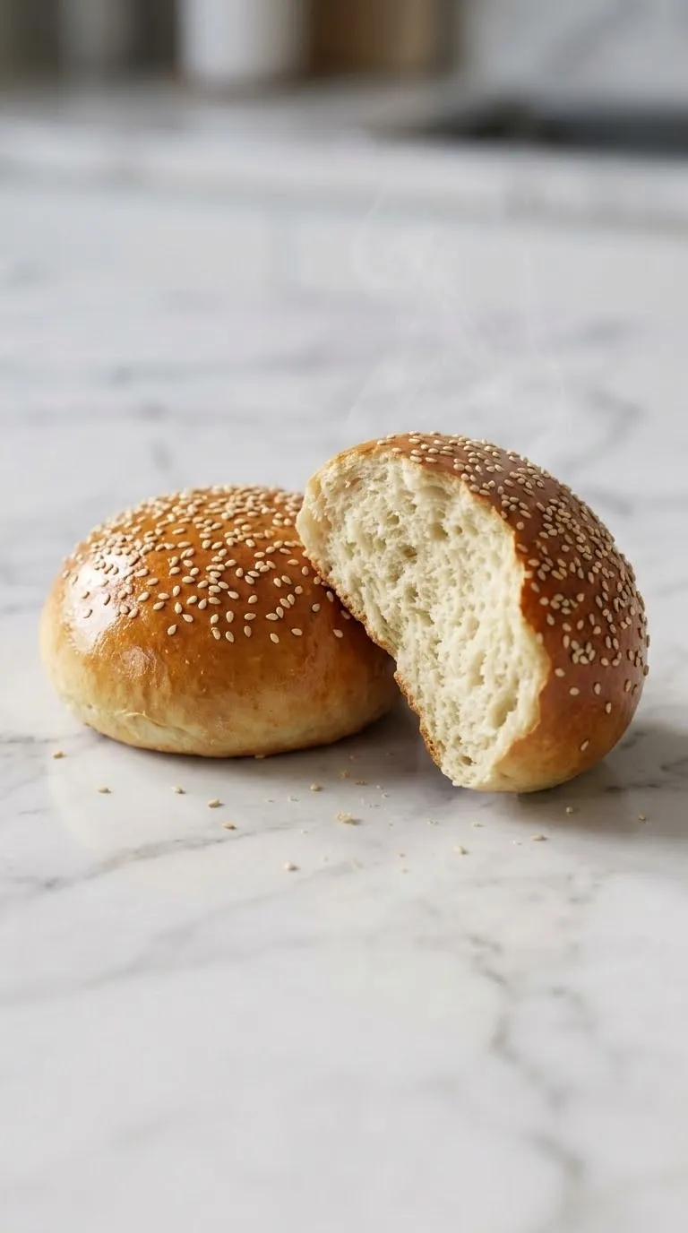 Burger-Buns frisch gebacken — Goldbraune Brötchen mit glänzendem Ei-Überzug und reichlich Sesam.