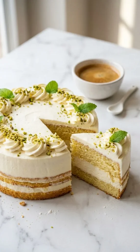 Zitronentorte serviert mit Espresso — ein angeschnittenes Tortenstück offenbart die perfekte, lockere Buttermilchfüllung.