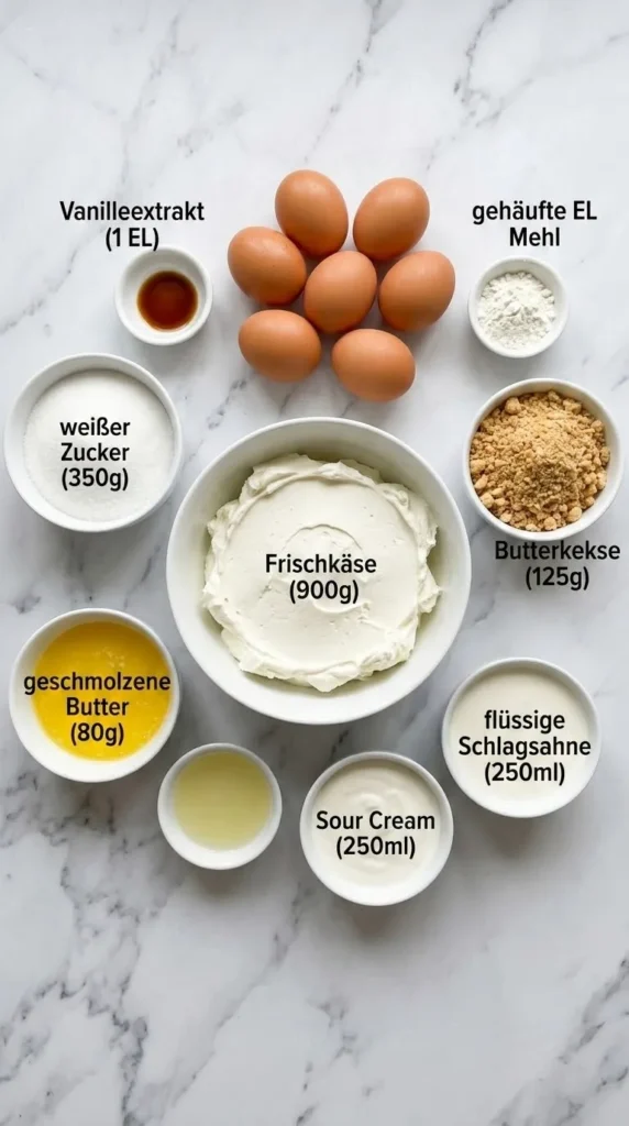 Zutaten für New York Cheesecake: Frischkäse, Butterkekse, Eier, Zucker, Sour Cream und Sahne auf weißem Marmor.