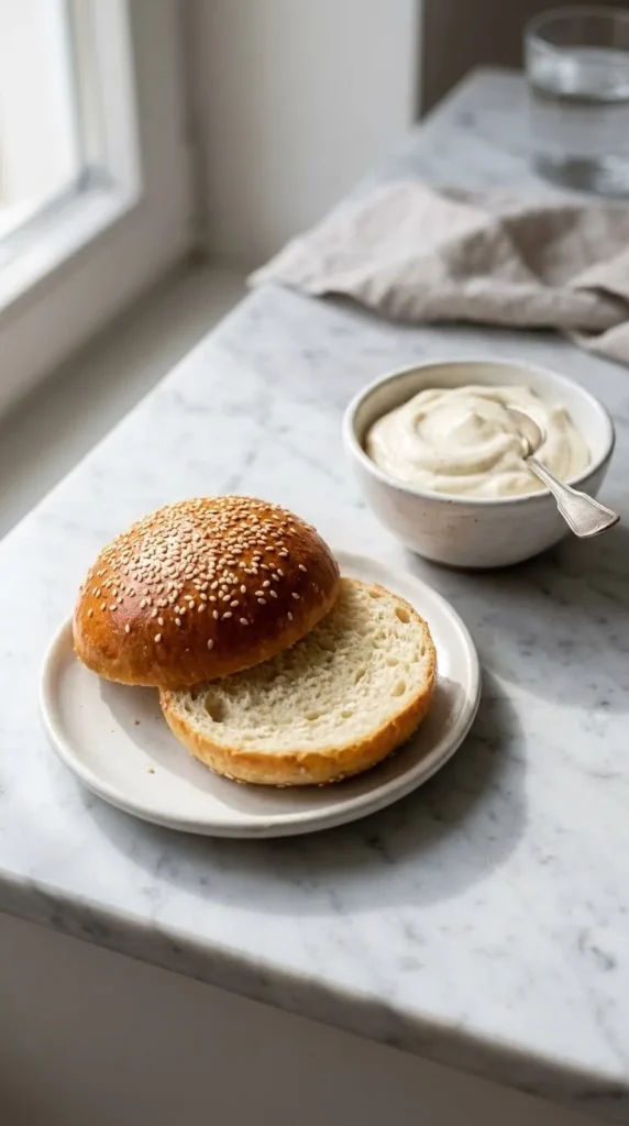 Burger-Buns serviert mit Vanille-Sahne — Ein aufgeschnittenes Brötchen präsentiert die luftige Krume.