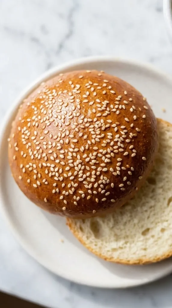 Nahaufnahme von Burger-Buns — Perfekt geröstete Sesamkörner auf der glänzenden Kruste des Brötchens.