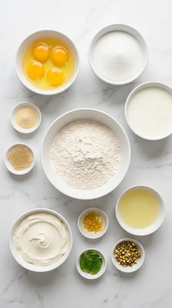 Zutaten für Zitronentorte: Mehl, Stärke, Eier, Zucker, Buttermilch, Zitronensaft und Sahne auf weißem Marmor.