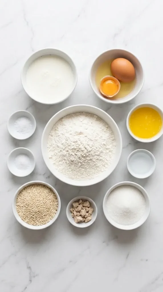 Zutaten für Burger-Buns: Mehl, Milch, Eier, Butter, Hefe, Zucker, Salz und Sesam auf weißem Marmor.