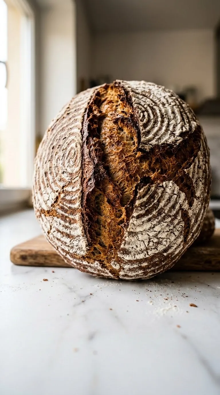 Bauernbrot frisch gebacken aus der Froschperspektive — prachtvoller, runder Brotlaib mit tiefen, rissigen Spalten
